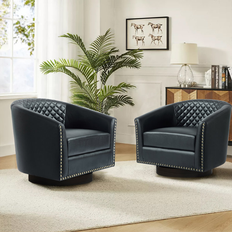 75.2Cm Wide Tufted Swivel Barrel Chair, Black Faux Leather