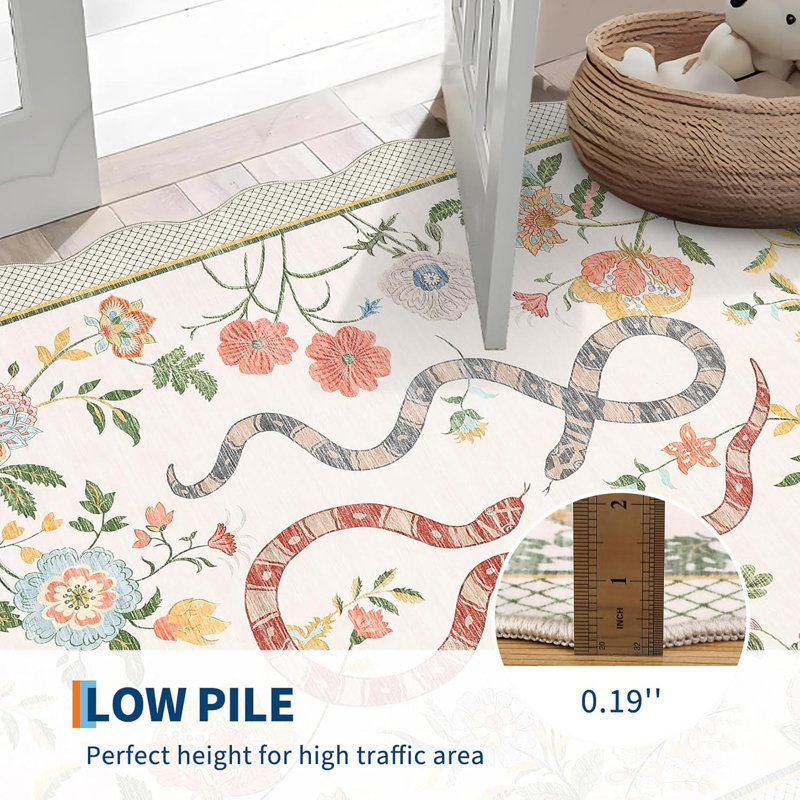 2x6 Kitchen Runner Rug – Soft Non-Shedding Low Pile Farmhouse Floral Carpet with Non-Slip Backing, Stain-Resistant Snake Print Bath Mat