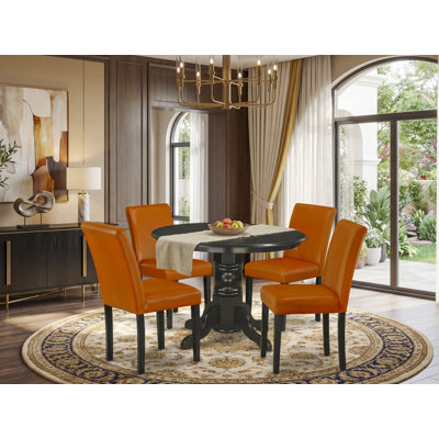 Ensemble de salle à manger 5 pièces comprenant une table ronde avec pied central et 4 chaises rembourrées en similicuir couleur haricot, 107 x 107 cm, noir