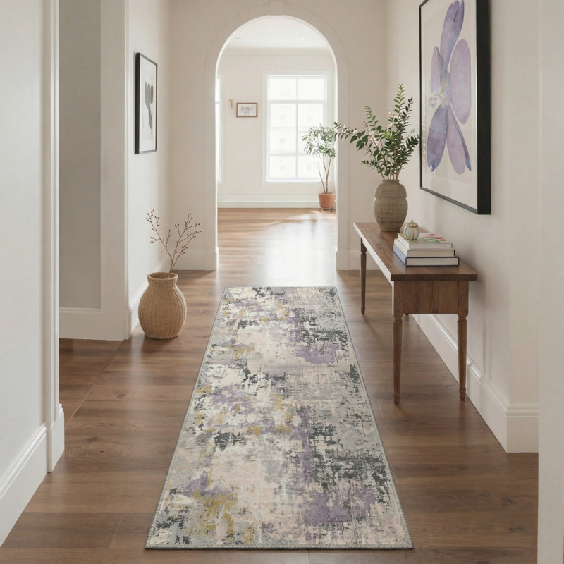 Art Abstract Painterly Strokes Machine Washable Misty Lavender Indoor Area Rug With Non-Slip Backing, Runner 2' x 6'