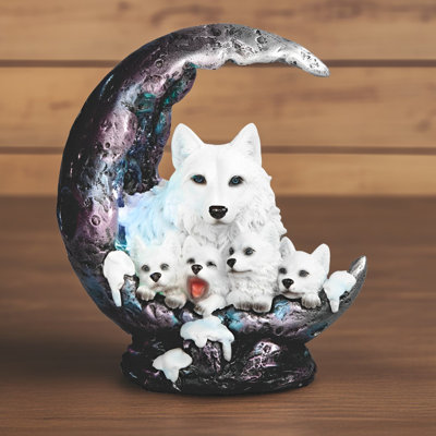 8"H LED Wolf Family on Moon Figurine