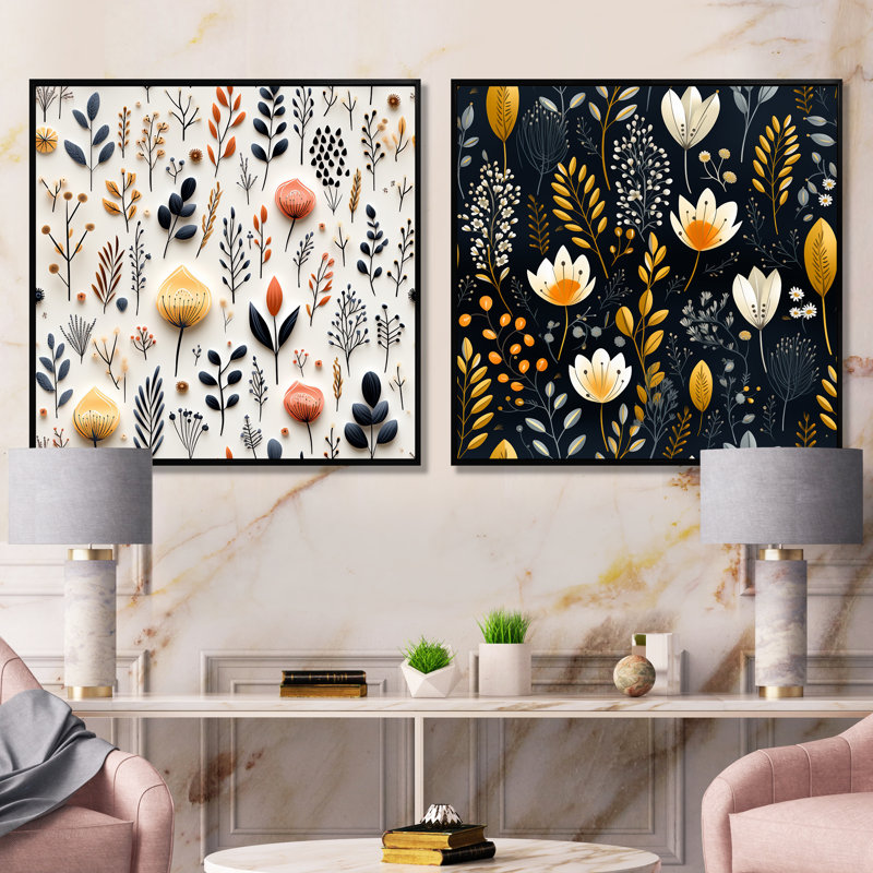 Ensemble de 2 impressions murales sur toile florales, Cadre noir, H 36 po x l 73 po x P 1,5 po