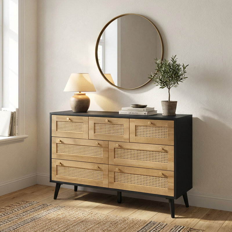 Anisjon & Rattan 7 Drawer Chest Of Drawers, Black