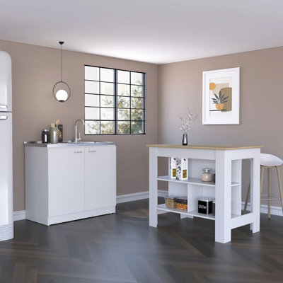 Ensemble de cuisine 2 pièces, îlot de cuisine et meuble-lavabo utilitaire Arestho