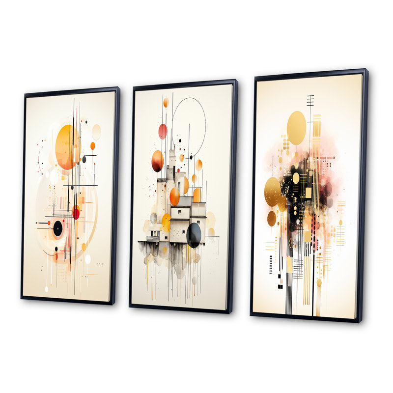«Pink Elegant Geometric Shapes», 3 pièces sur toile, Cadre flottant noir, H 20 po x l 36 po