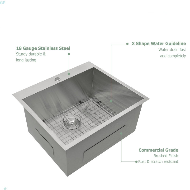 25"X22"X12" Stainless Steel Laundry Utility Sink Drop In Topmount Deep Single Bowl Kitchen Sink Basin