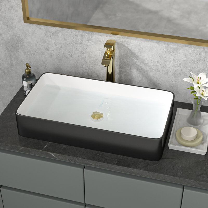 Lavabo de salle de bain vasque rectangulaire en céramique L 24 po x l 14 po, Blanc/Noir
