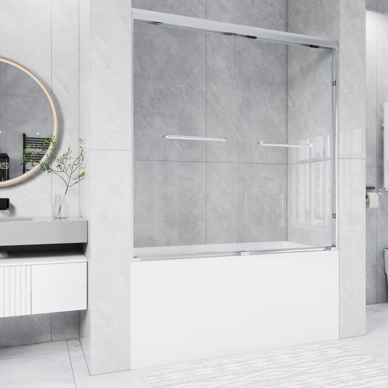 56-60 .In W X 60 .In H Double Sliding Shower Door With 1/4 Inch Thick Tempered Glass  In  Brushed Nickel | Aluminum Frame | Stainless Steel Handle | Explosion Proof Film