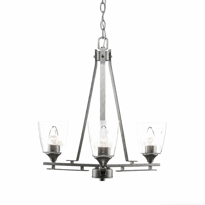 Uptowne 3 Light Uplight Chandelier Shown In Aged Silver Finish With 4.5" Square Clear Bubble Glass