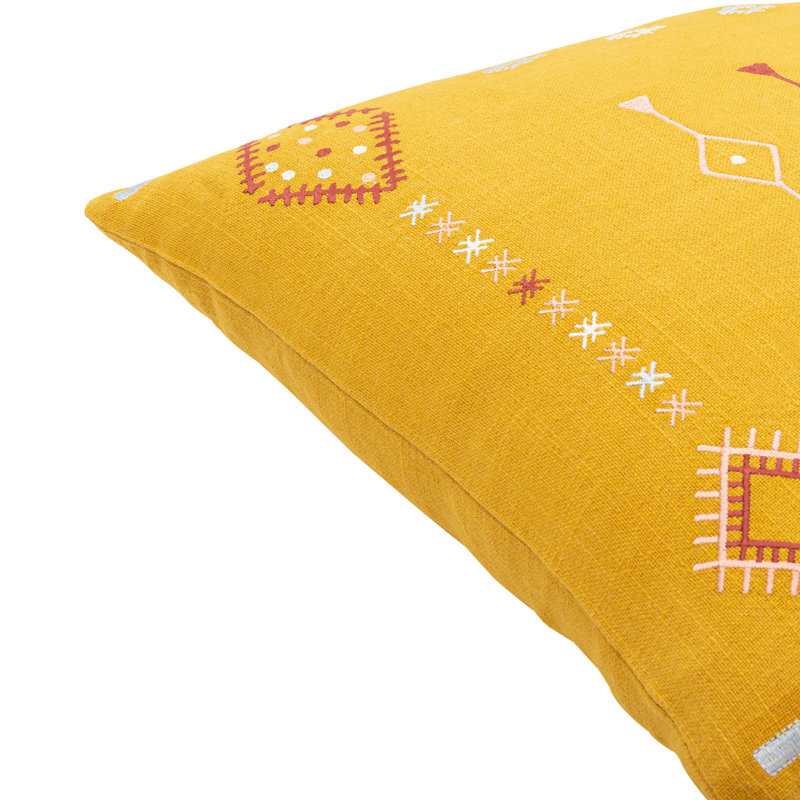 Gwyn Embroidered Cotton Pillow Cover, 20" x 20", Mustard/Dusty Pink/Pale Blue