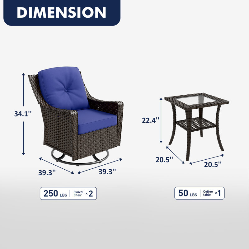 2 - Person Outdoor Swivel Wicker Glider Seating Group with Side Table, Blue