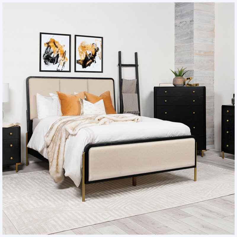 Structure de lit tapissier grand crème et noir, mobilier de chambre à coucher moderne à contraste