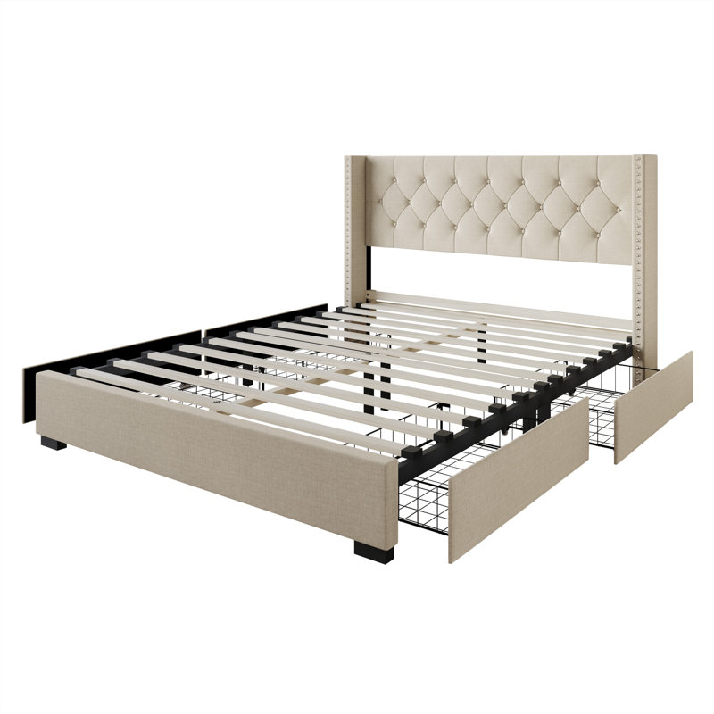 Sauger Upholstered Wingback Storage Bed, Queen, Beige