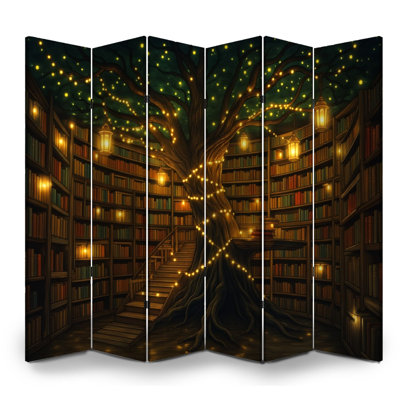 6 Panels Folding Screen Room Divider Royal Tree Bookstore Glowing Lights Stairs Bookworm library Canvas Screen Room Separator Freestanding Protective Wall Divider Privacy Partition