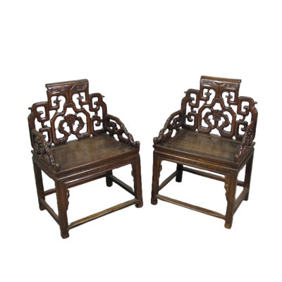 Chaise avec accoudoirs en bois massif brun foncé Asian Classic