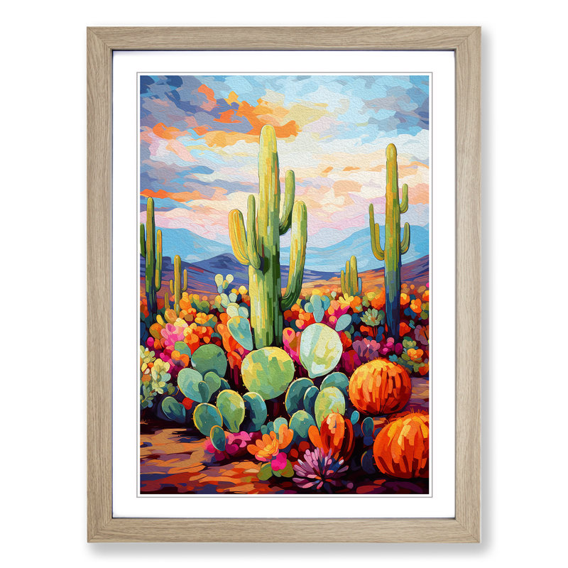 Cactus Impressionism Art - Framed Print, 34cm H x 25cm W x 2cm D, Oak Framed