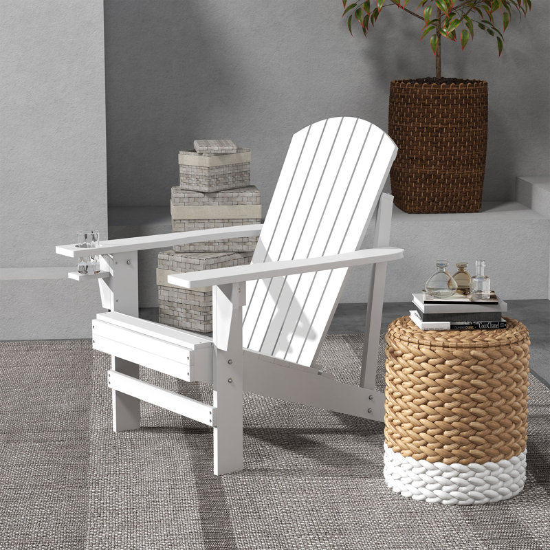Wooden Adirondack Chair, Classic Patio Chair With Cup Holder, White
