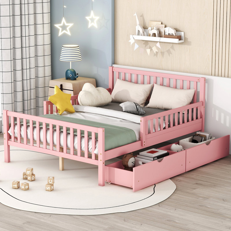Lit plateforme en bois rose avec garde-corps et tiroirs des deux côtés, Lit double, Rose