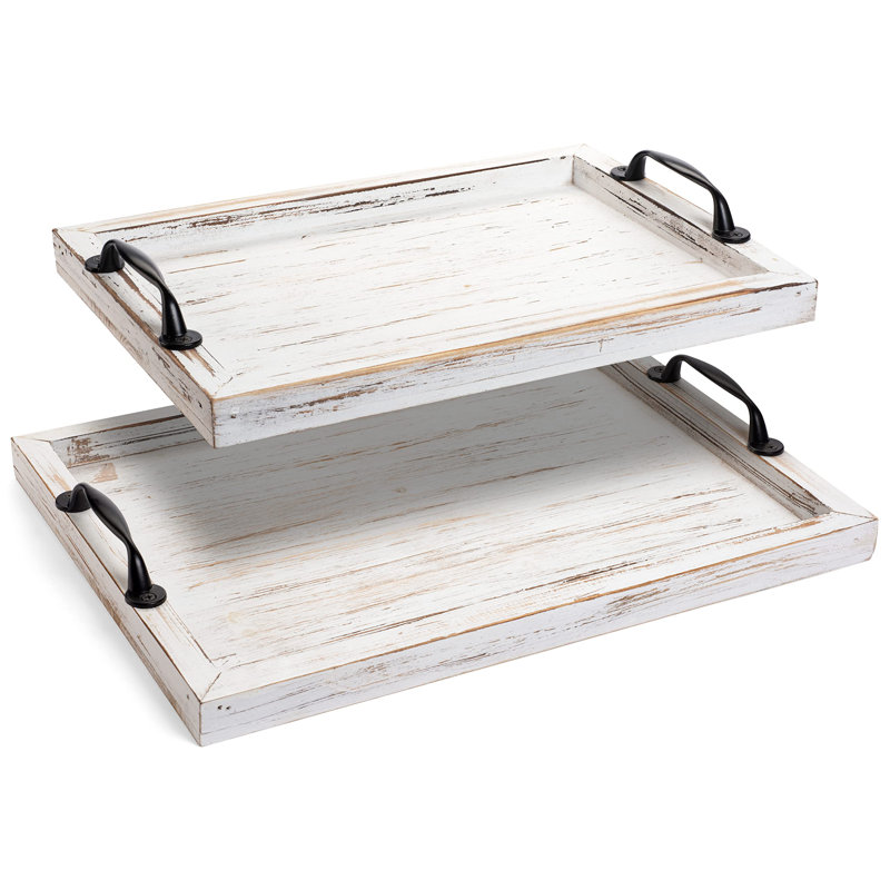 Rustic Serving Tray With Handles - 2 Nesting Trays For Serving Food - Wooden Tray For Decor, Coffee Table & Ottoman - Large Serving Tray With Distressed White Finish To Complement Any Decor