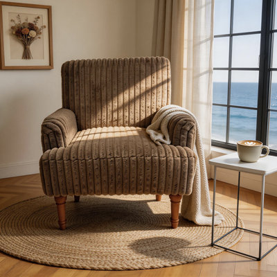 Modern Corduroy Upholstered Arm Accent Chair With Solid Wood Legs