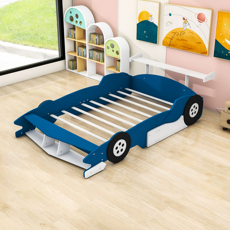 Platform Bed with Guardrails and Wheels, Race Car-Shaped Design, Blue, Full