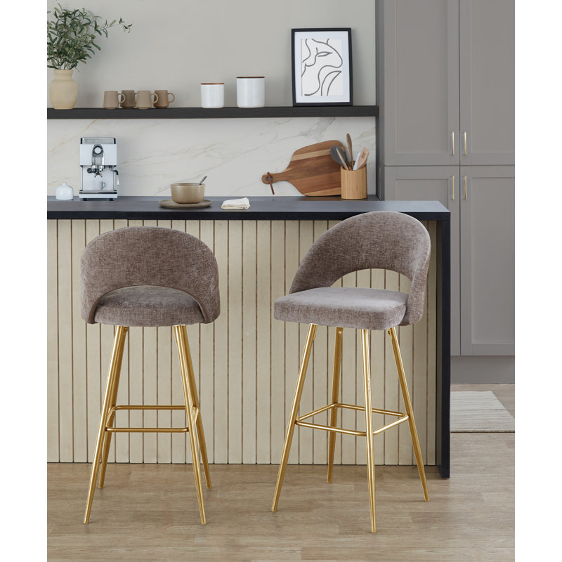 Resme 30" Fixed-Height Upholstered Bar Stools with Metal Legs & Square Footrest, Brown, Gold