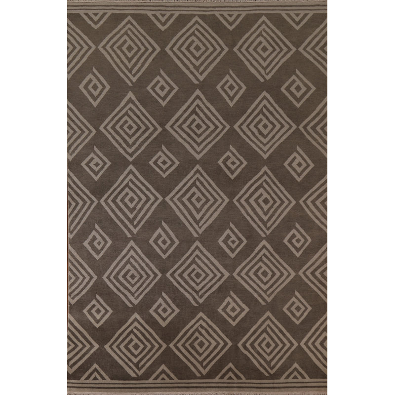 Geometric Hand-Knotted Rectangle 7'9'' x 9'10'' Wool Area Rug in Brown