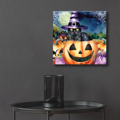  'Black Cat In Pumpkin' by Nicole DeCamp Acrylic Glass Wall Art, 12" x 12"