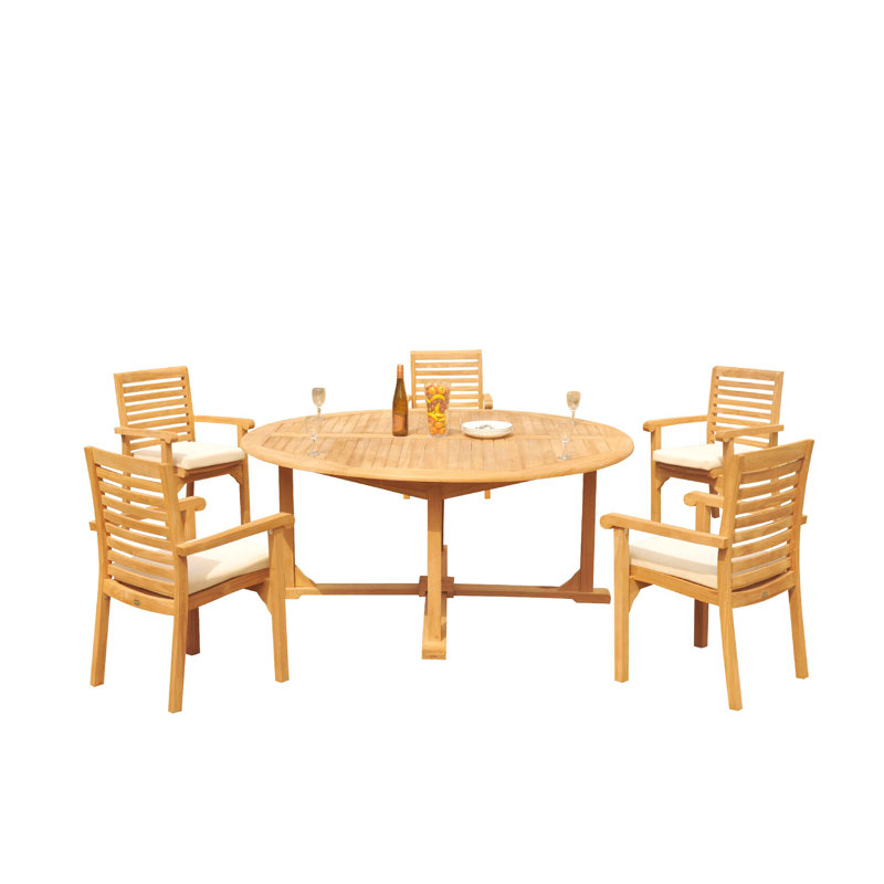 Cimah 5 - Person Teak Patio Dining Set with Round Table, 115" x 72" x 31.5", 5