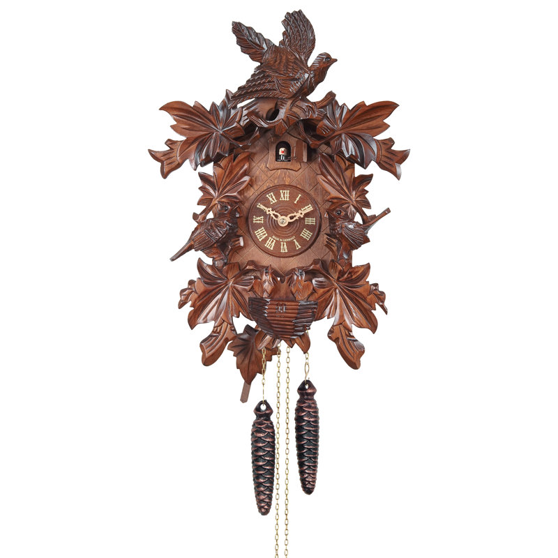  One Day Hand Carved Cuckoo Clock 16" H Maple Leaves and Bird Details