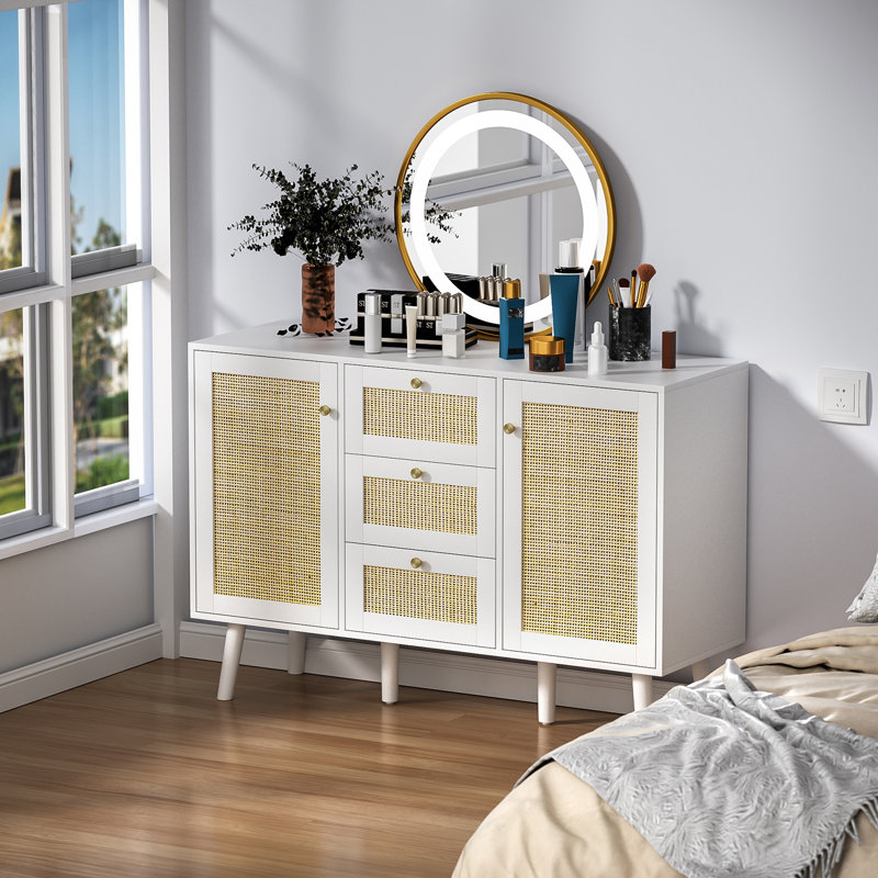 Armoire d'appoint à 3 tiroirs et 2 portes avec tablettes réglables Stoudt, Blanc
