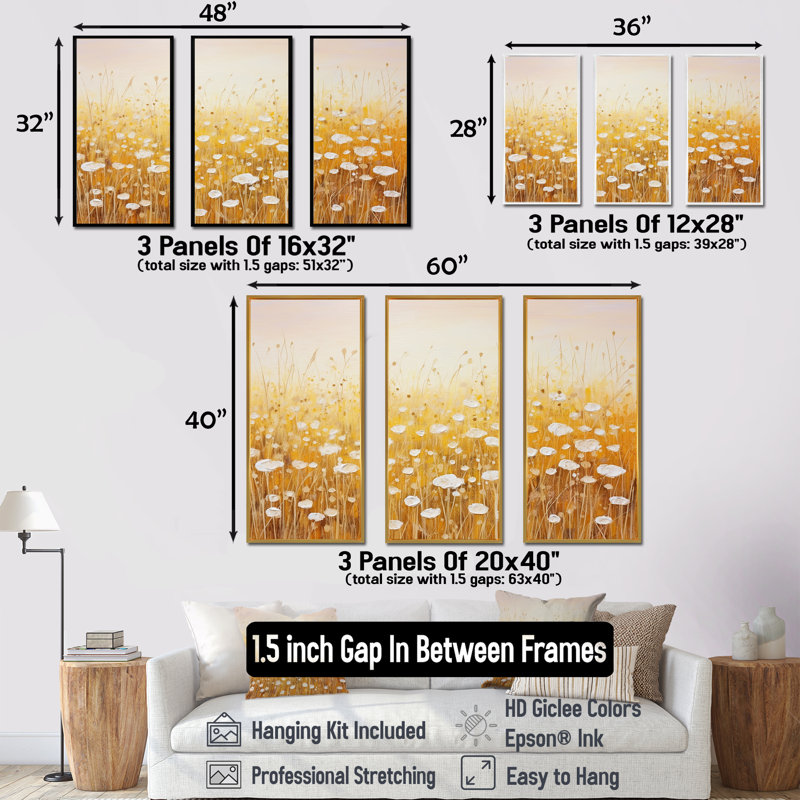 «Golden Harvest Floral Field III», ensemble d'art sur toile, Cadre naturel flottant, H 32 po x l 48 po x P 1 po