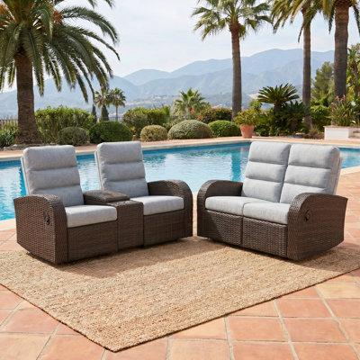 Oversized Wicker Outdoor Reclining Loveseat Sofa Set, 2-seater Recliner Couch With Storage & Cup Holder