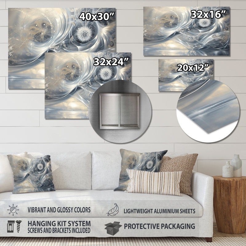 Silvers Swirling Dandelion Universe - paysage abstrait, art mural, Métal métal, H 24 po x l 32 po