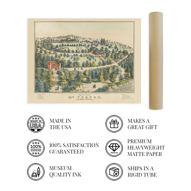 1859 Vue aérienne du mont Vernon, la maison de George Washington (carte), H 24 po x l 36 po