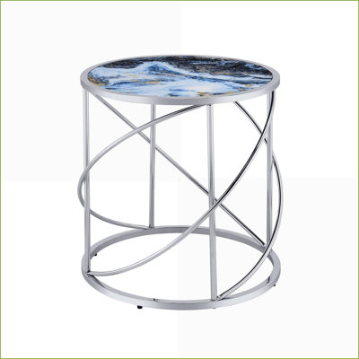 Blue Marbled Round Glass Coffee Table with Intricate Chrome Metal Base, Easy-Clean Polished Top