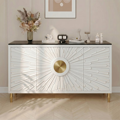 63'' White Buffet Sideboard,4 - Door Sunburst Design Dining Room Sideboard,Modern Buffet cabinet