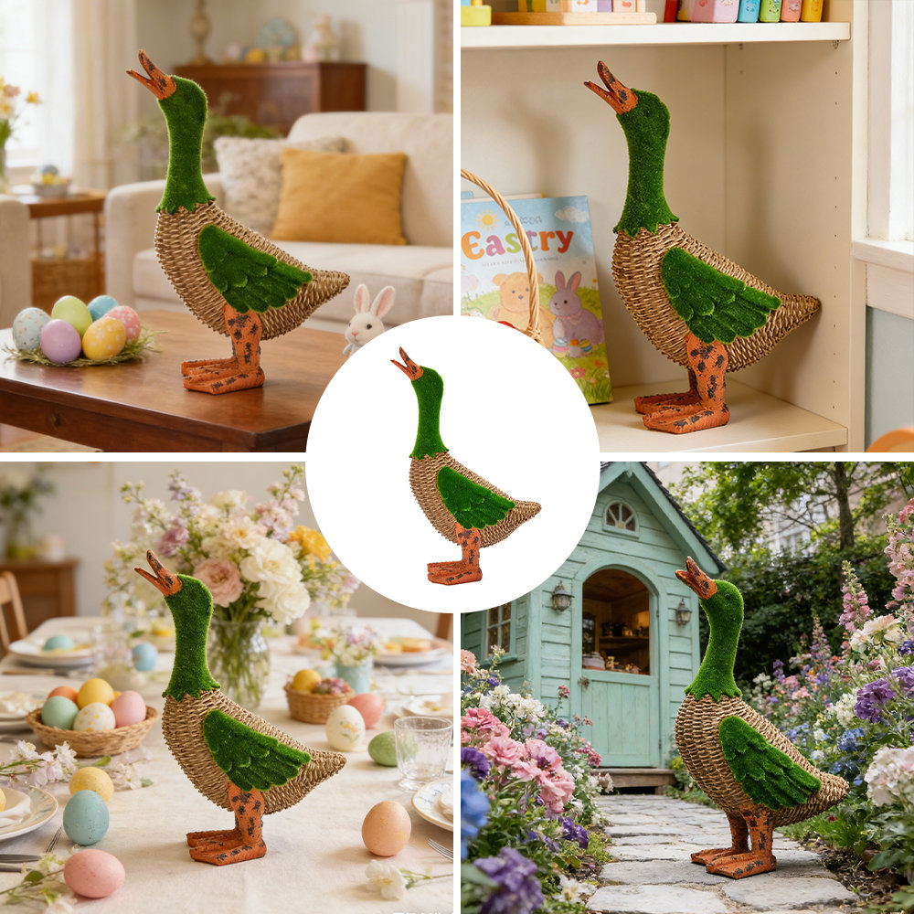 Flynn Moss and Rattan Duck Garden Statue