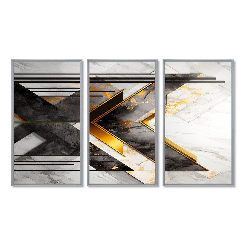 Chevron triangulaire doré - ensemble d'art mural géométrique, Cadre argenté flottant, H 32 po x l 48 po x P 1 po