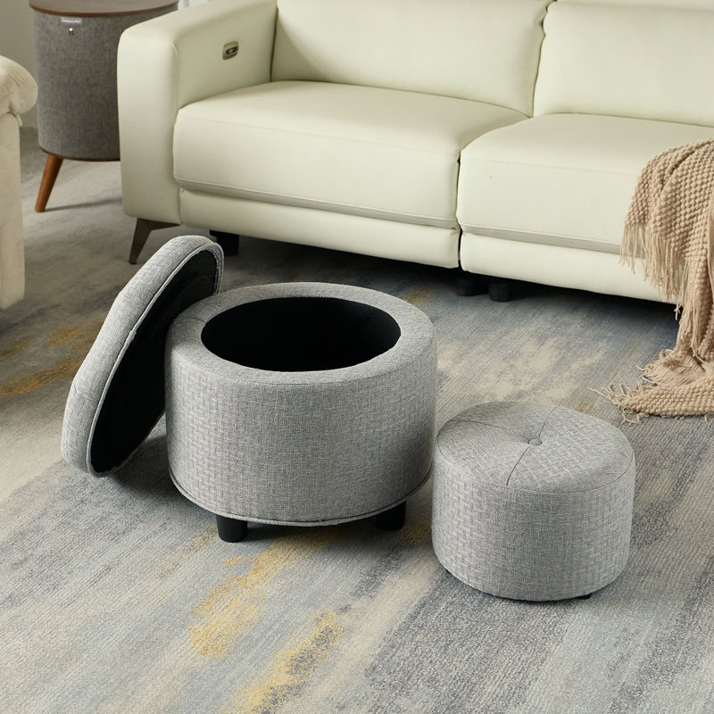 2 Piece Tufted Round Storage Footstool Ottoman Set, Grey