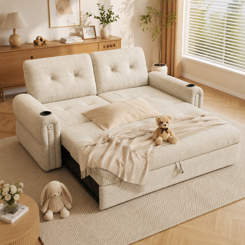 Canapé-lit gigogne 80 po avec structure en acier d'une capacité de 600 lb, canapé-lit convertible 2-en-1 en chenille, Beige