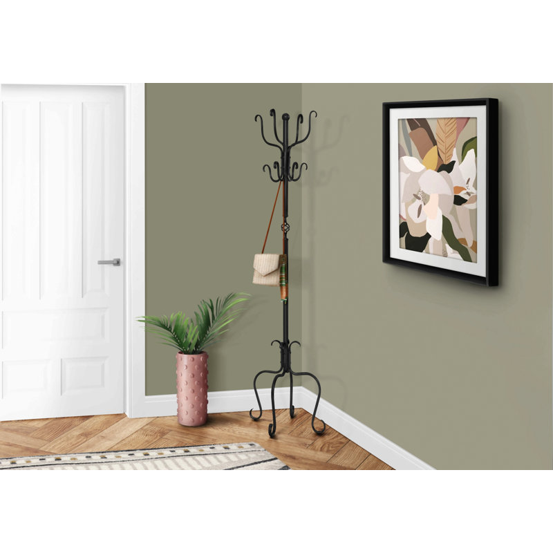 Coat Rack, Hall Tree, Free Standing, 8 Hooks, Entryway, 74"H, Bedroom, Black Metal, Transitional