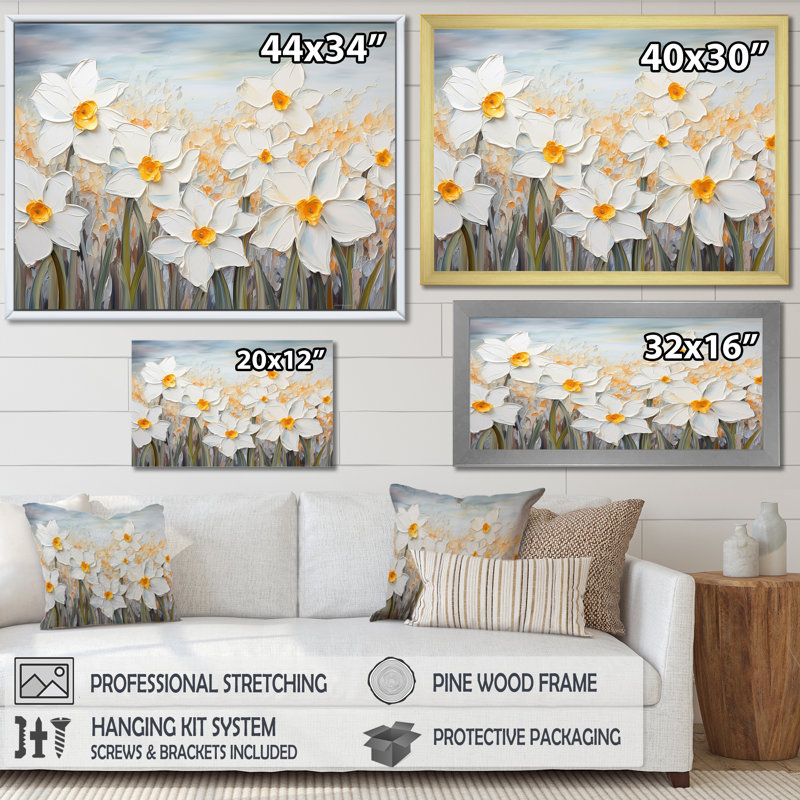 «Daffodils Tranquility Floral Field II», reproduction sur toile, Cadre simple argenté, H 30 po x l 40 po x P 1,5 po