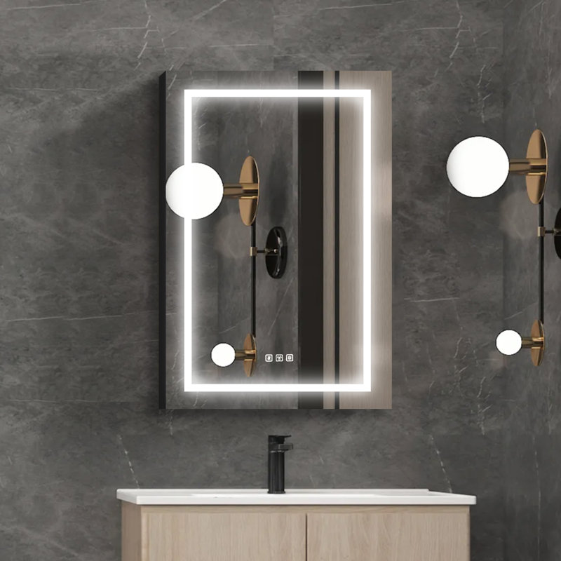 Armoire à pharmacie sans cadre à 1 porte avec éclairage DEL et prise de courant Arlondo, Noir mat / argent, Droite