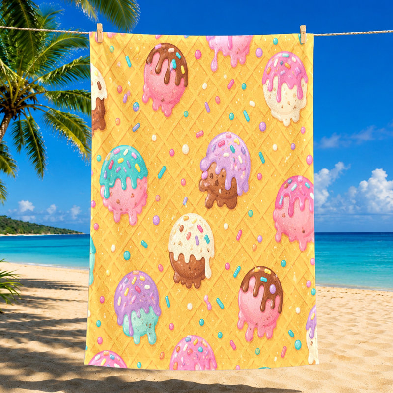 Serviette de plage 1Pcs Ice Cream Cone, avec un motif ludique de cônes fondants avec des paillettes colorées sur fond gaufré. Grande microfibre, parfaite pour les voyages, la natation et les voyages, unisexe.