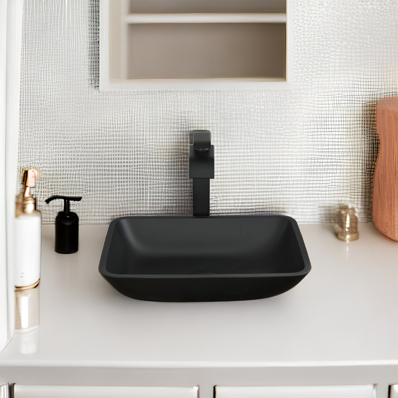 MONSFEST 12'' Glass Rectangular Bathroom Sink with Faucet, Matte Black