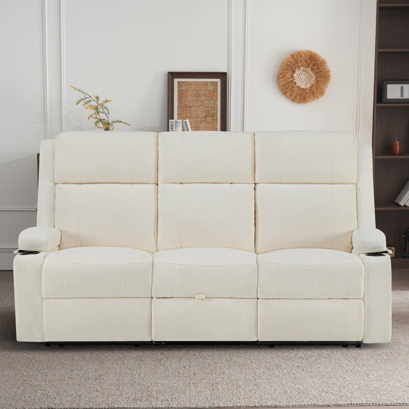 Canapé inclinable 3 places avec porte-gobelets et tiroir de rangement - tissu chenille doux, Beige