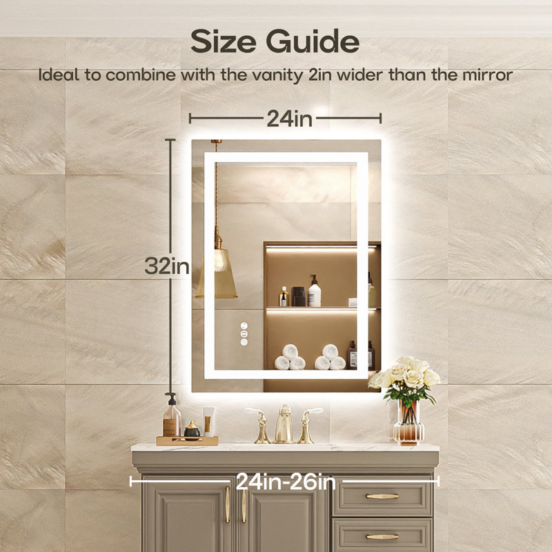Frameless LED Bathroom Mirror 32x24 Inch, Tempered Glass, Wall-Mounted Vanity Mirror with Anti-Fog, 3 Colors Dimmable Light, Memory Function