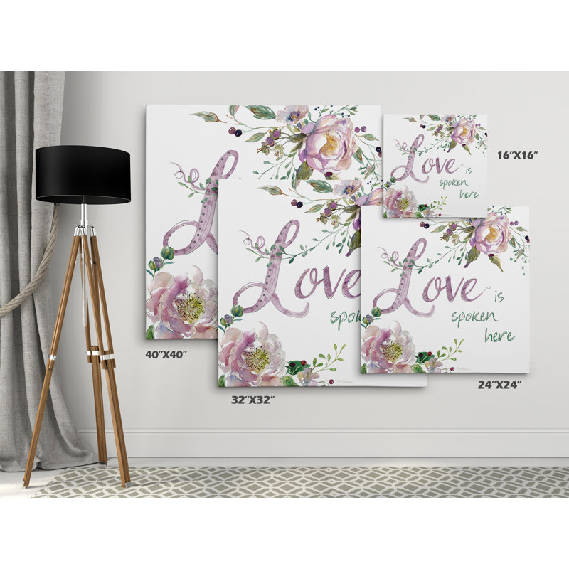 «Love is Spoken Here», reproduction d'art textuel, H 16 po x l 16 po x P 1,5 po, Toile tendue