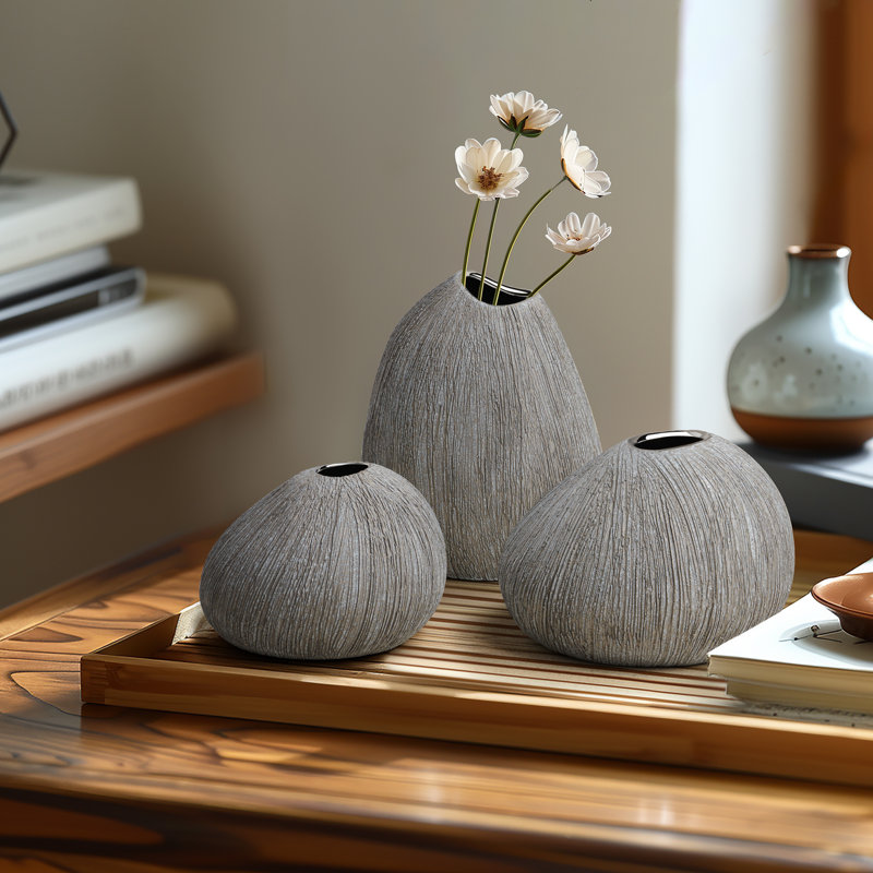 Pebble Grove Textured Gray Ceramic Bud Vase Set of 3 with Silver Rim